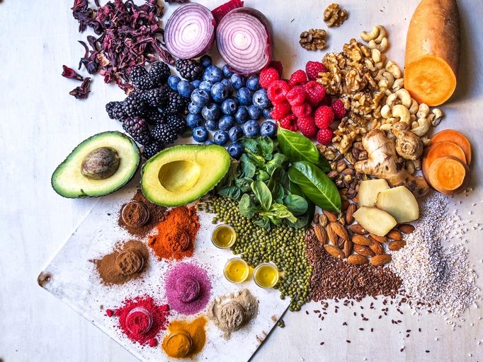 Fresh produce and ingredients displayed together