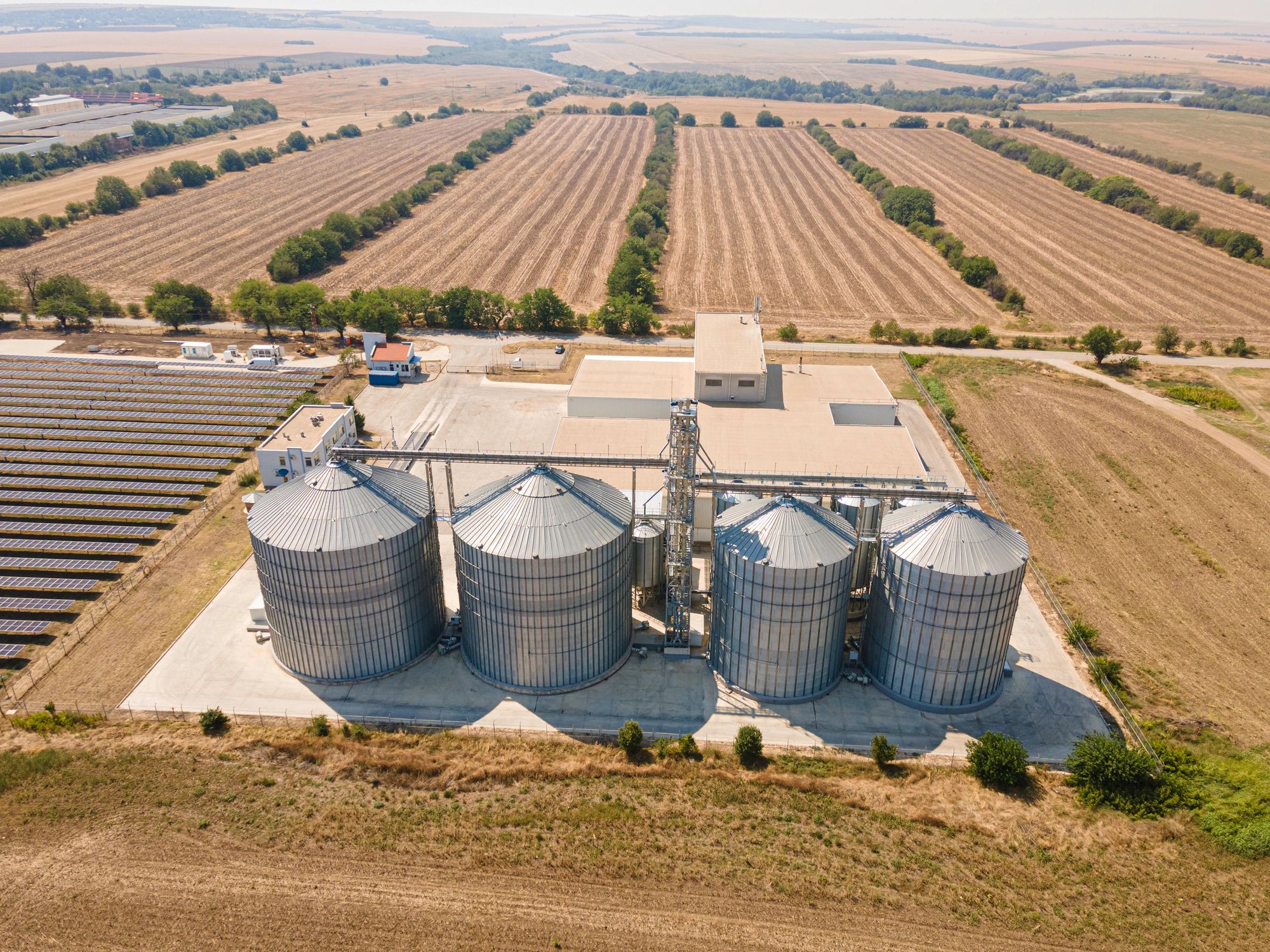 Agricultural silos and solar panels supporting farm infrastructure