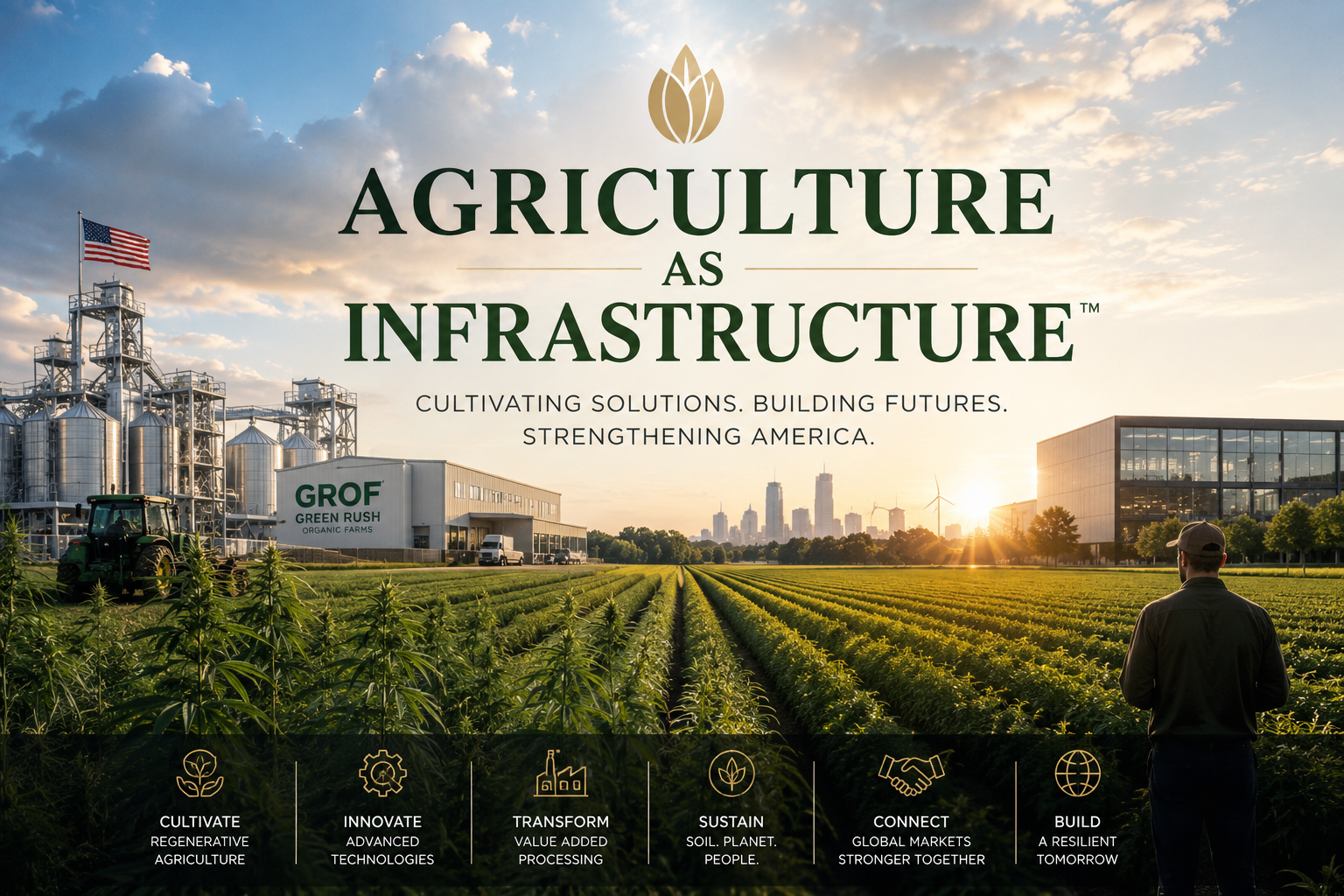 Agricultural facility and crop fields at sunrise representing agriculture as infrastructure