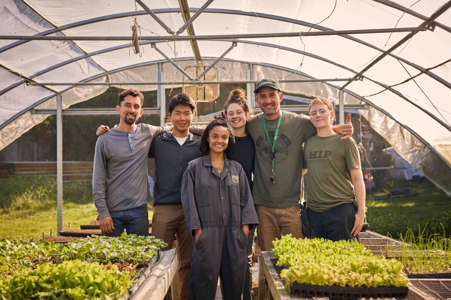 Team members standing together inside a greenhouse with trays of leafy greens